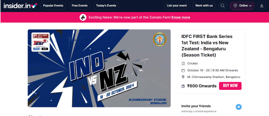 India vs New Zealand Test Series Ticket